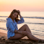 portrait femme au lever de soleil à la plage des chalets à Gruissan, Aude.