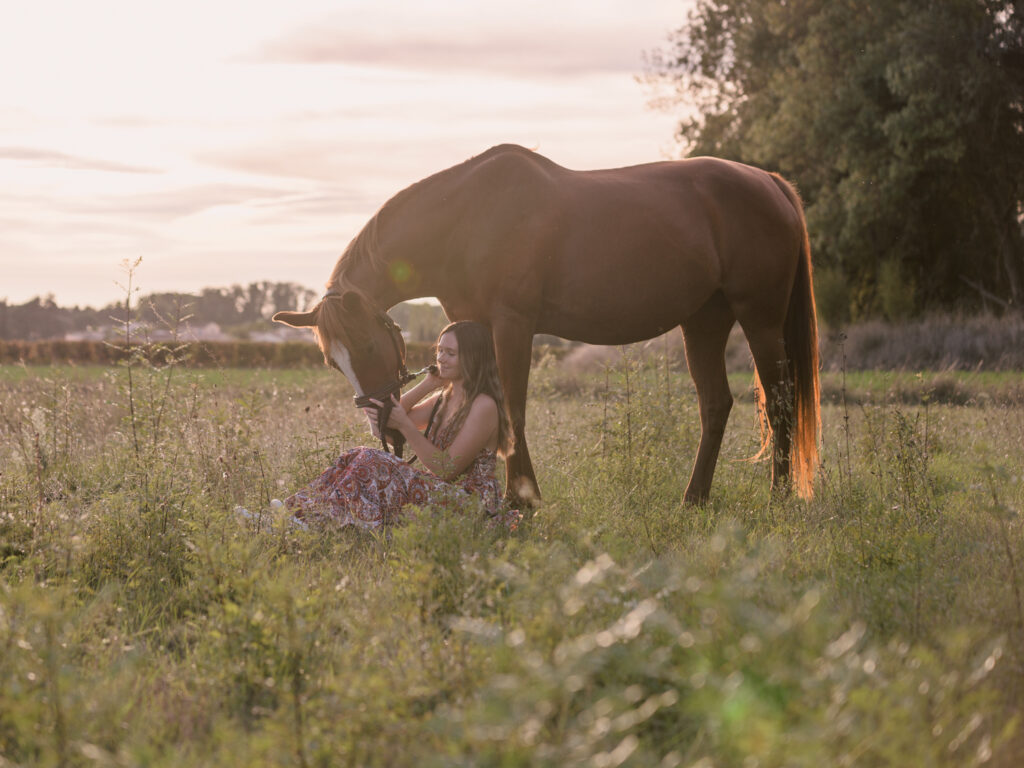 portrait jeune femme et son cheval écurie du Cabardès à Pezens. shooting d'automne au coucher de soleil