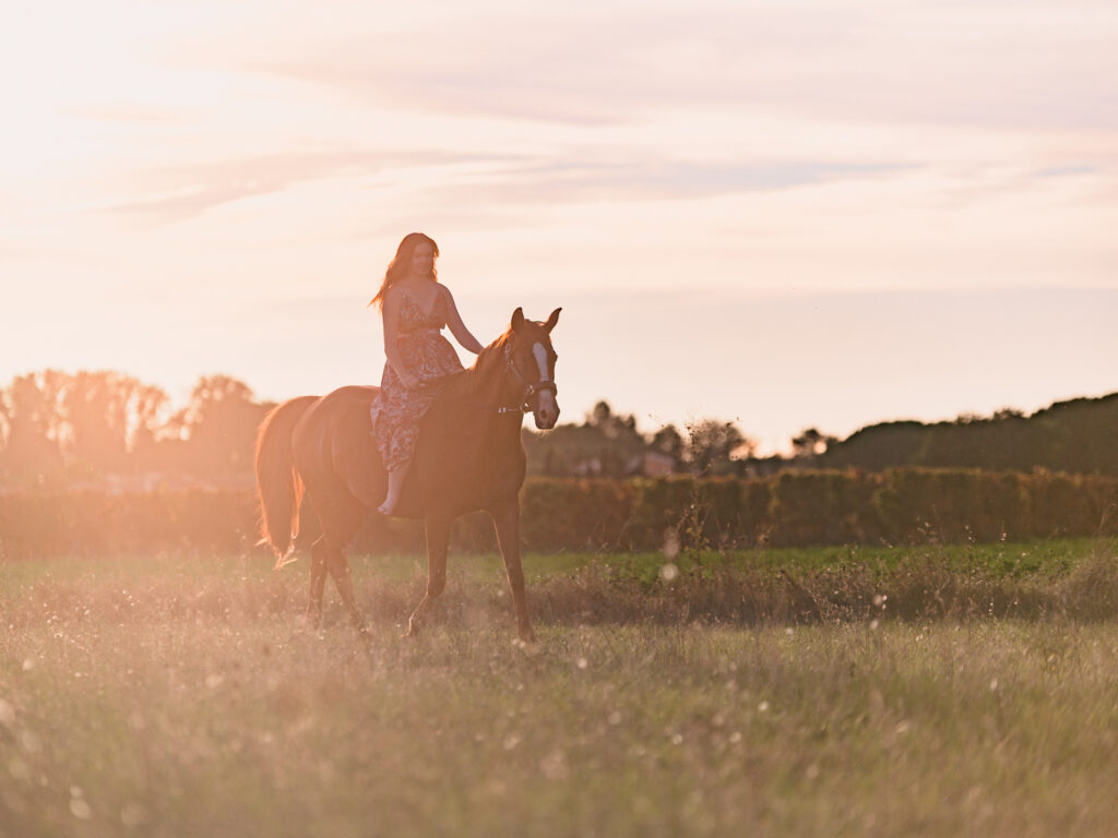portrait jeune femme et son cheval écurie du Cabardès à Pezens. shooting d'automne au coucher de soleil